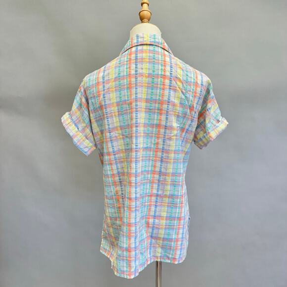 Vintage 80s plaid pastel seersucker roll short sleeve button up top small/medium - Picture 6 of 13